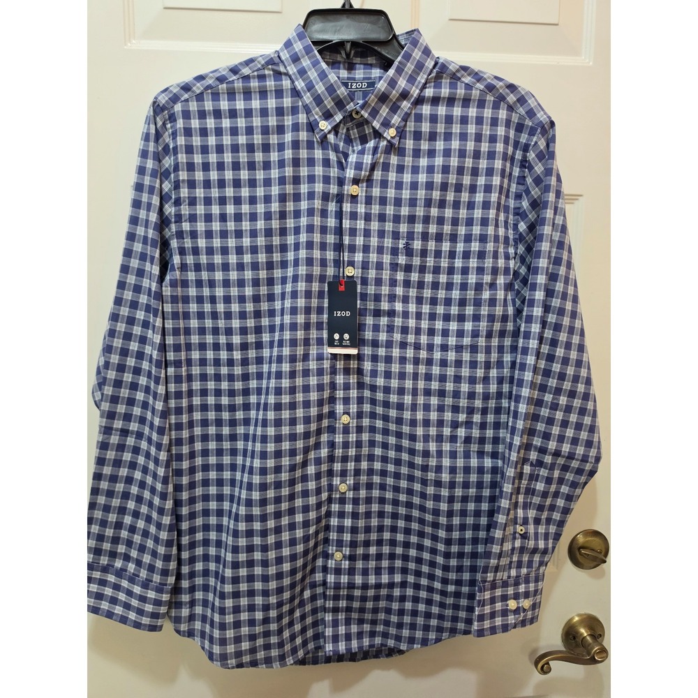 IZOD Men's Soft Touch Long Sleeve Plaid Button Down Shirt Blue White NWT Size L